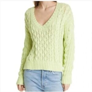 Line the‎ Label Leah V-Neck Cable Knit Sweater Citron Lime Green